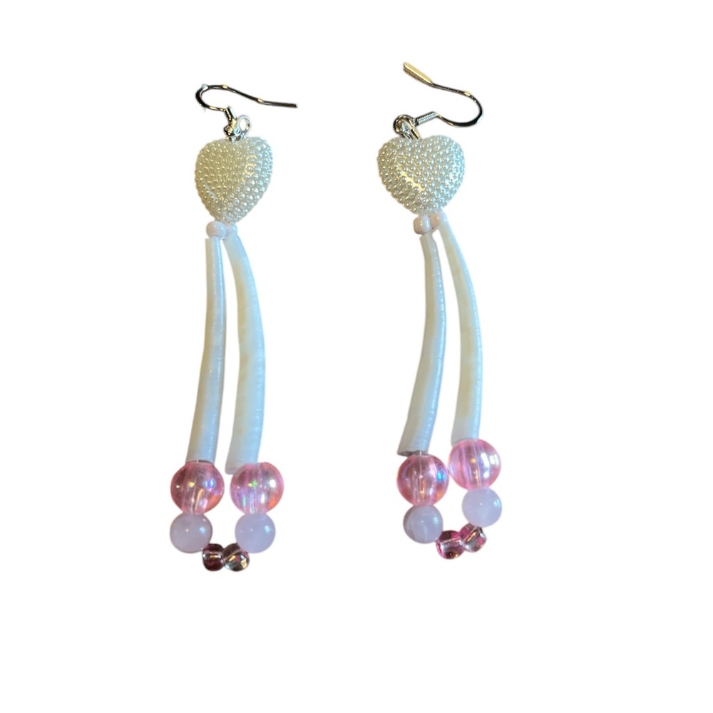 White and Pink Heart Dangle Dentalium Earrings